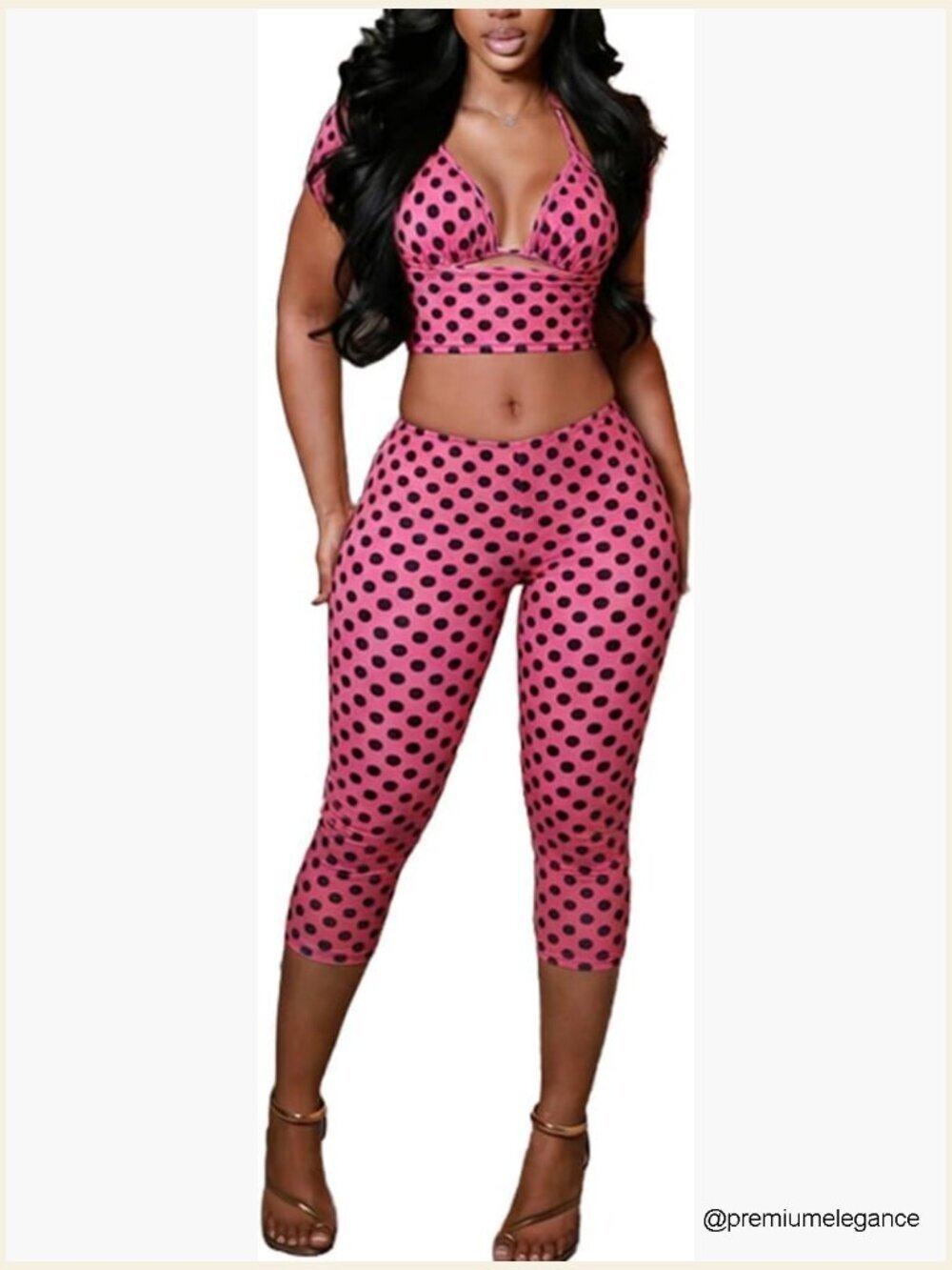 Polka Dot 3 Piece Outfit Sexy Halter Crop Top Bodycon Pants Set Clubwear Y2K